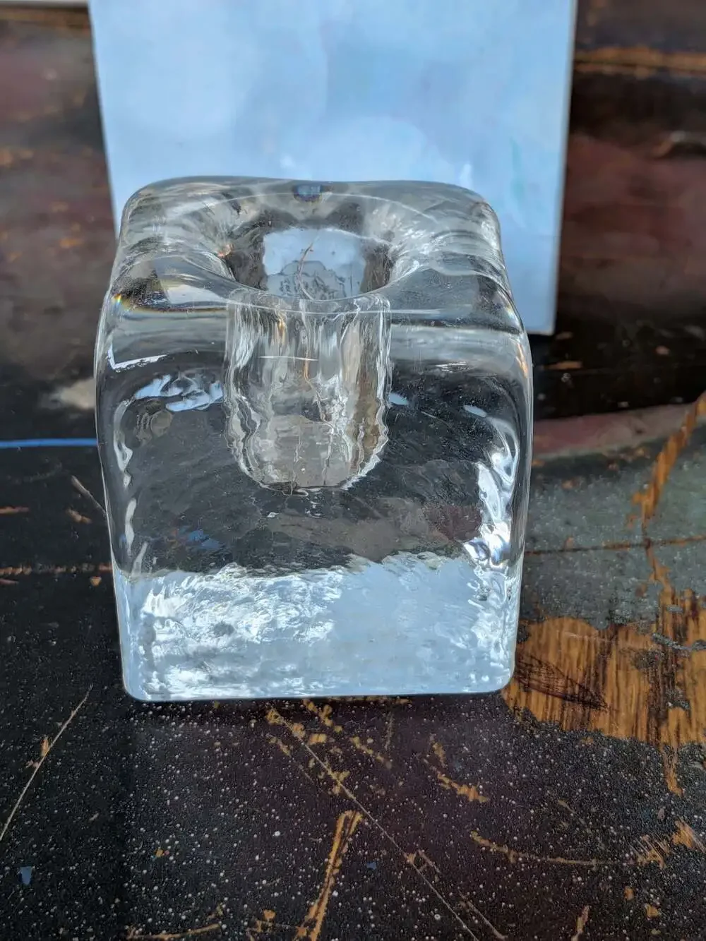 Vintage Blenko Ice Block Square Glass Taper Candle Holder